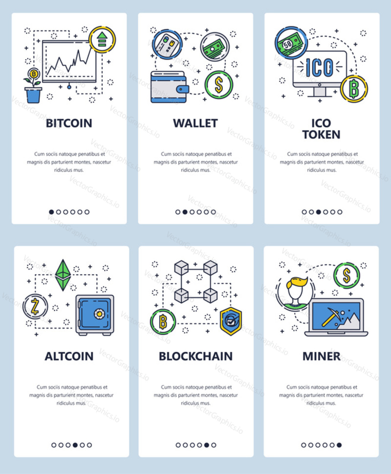 Vector set of mobile app onboarding screens. Bitcoin, Wallet, ICO token, Altcoin, Blockchain, Miner web templates, banners. Thin line art flat icons for website menu.