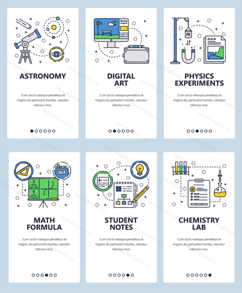Vector set of mobile app onboarding screens. Astronomy, Digital art, Physics experiments, Math formula, Student notes, Chemistry lab web templates, banners. Thin line art flat icons for website menu.