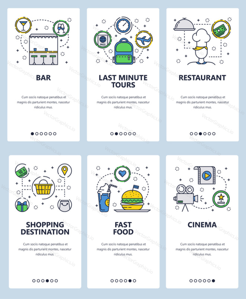 Vector set of mobile app onboarding screens. Bar, Last minute tours, Restaurant, Shopping destination, Fast food, Cinema web templates, banners. Thin line art flat icons for website menu.