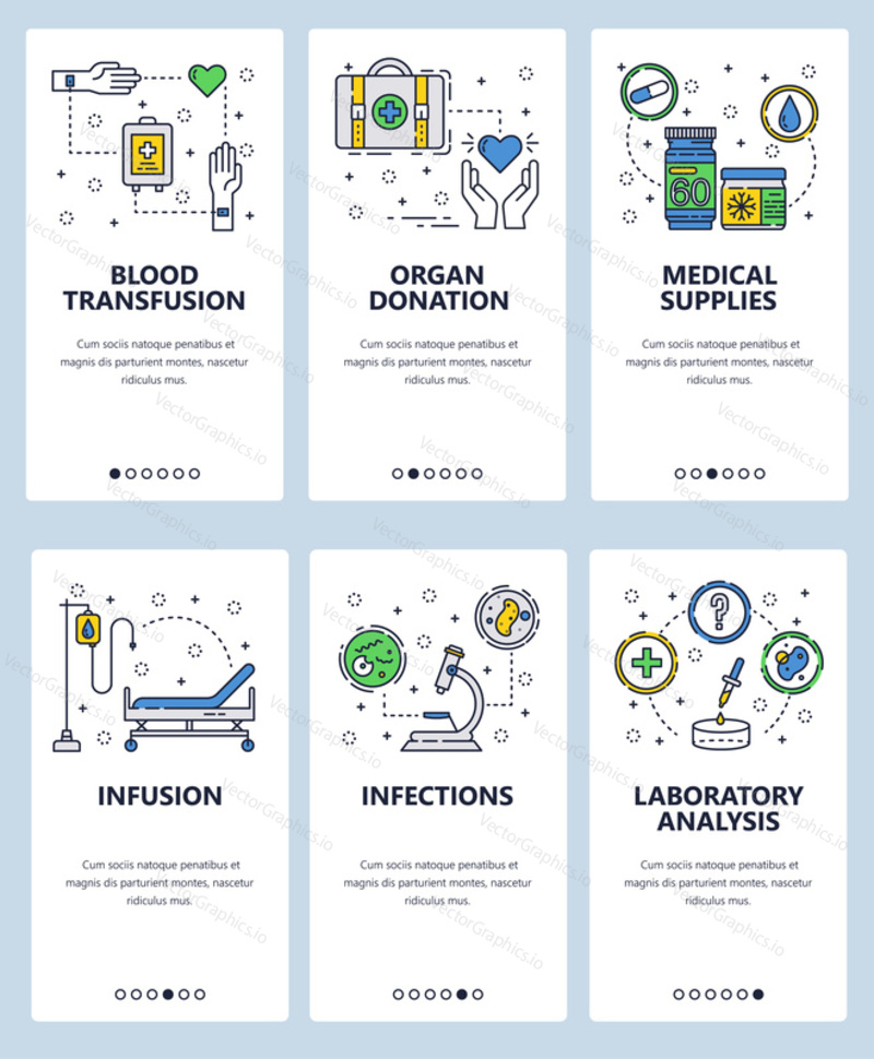 Vector set of mobile app onboarding screens. Blood transfusion, Organ donation, Medical supplies, Infusion, Infections, Laboratory analysis web templates banners. Thin line art flat icons for web menu