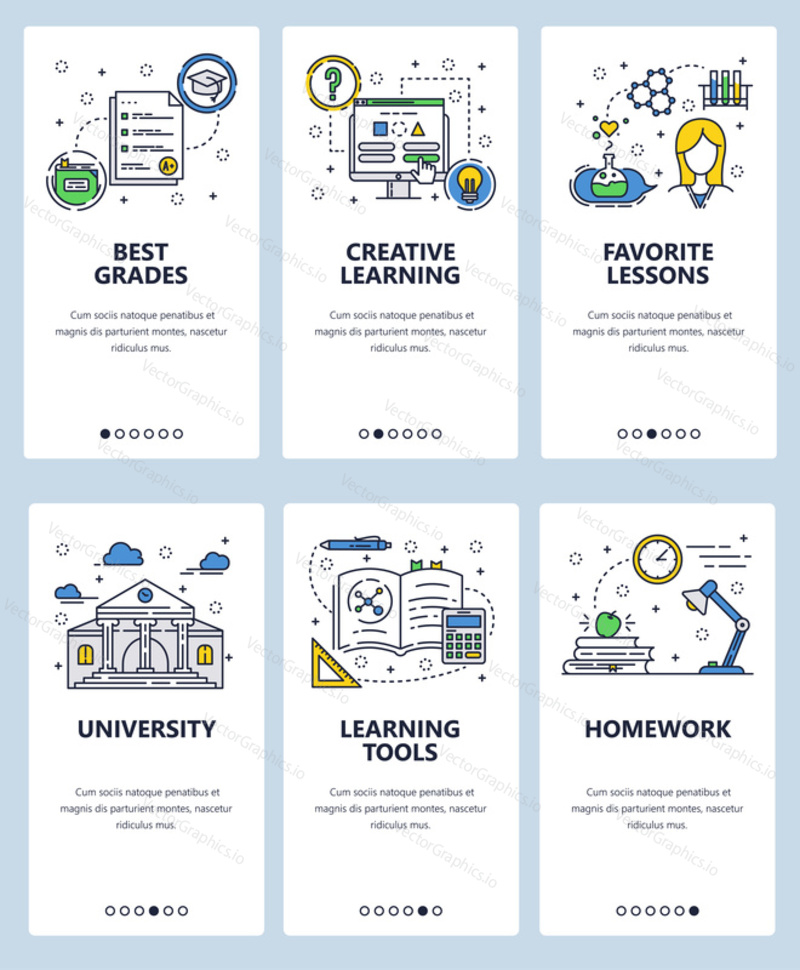 Vector set of mobile app onboarding screens. Best grades, Creative learning, Favorite lessons, University, Learning tools, Homework web templates, banners. Thin line art flat icons for website menu.