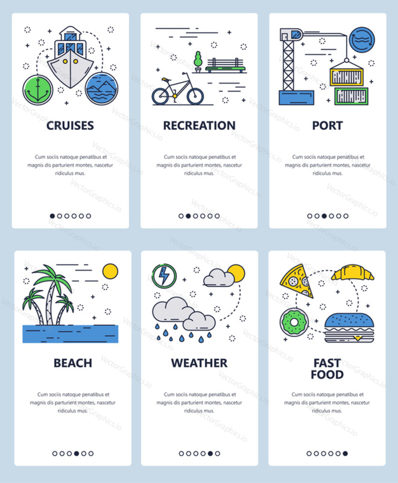 Vector set of mobile app onboarding screens. Cruises, Recreation, Port, Beach, Weather, Fast food web templates, banners. Thin line art flat icons for website menu.