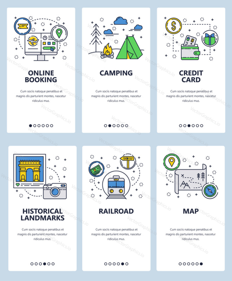 Vector set of mobile app onboarding screens. Online booking, Camping, Credit card, Historical landmarks, Railroad, Map web templates, banners. Thin line art flat icons for website menu.