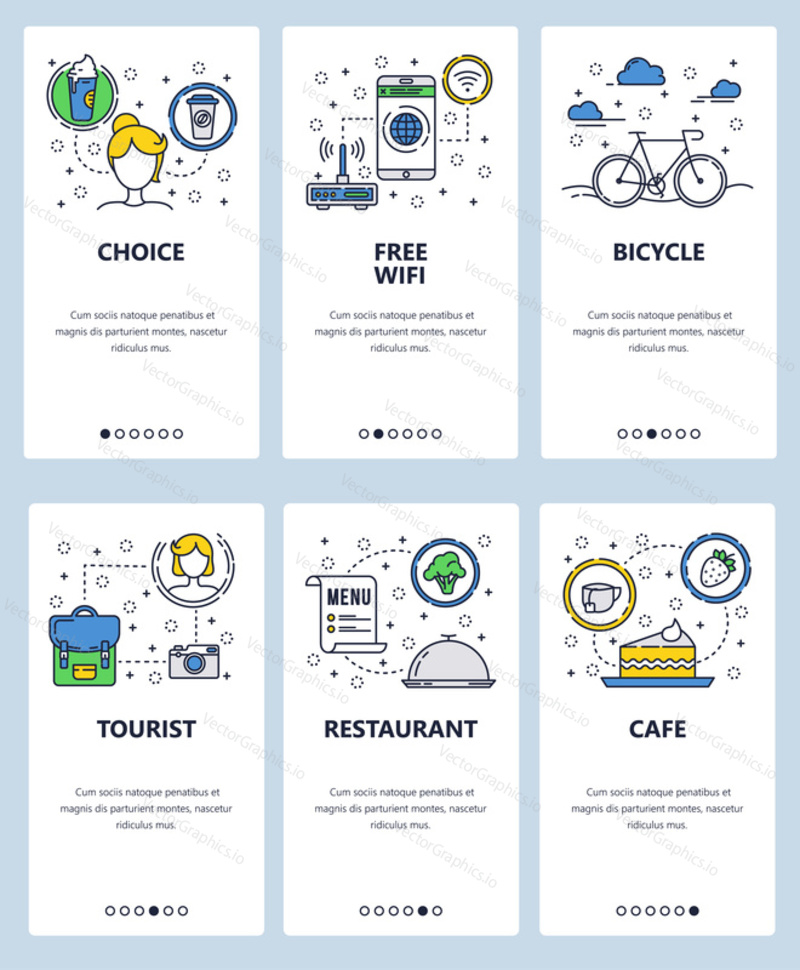 Векторный набор экранов для мобильных приложений. Выбор, Бесплатный Wi-Fi, Велосипед, Турист, Ресторан, Кафе веб-шаблоны, баннеры. Тонкие линии искусства плоские иконки для меню веб-сайта.