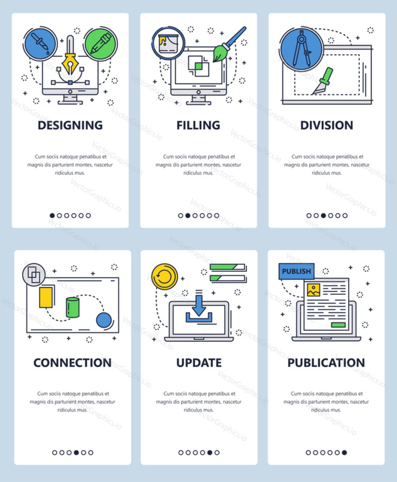 Vector set of mobile app onboarding screens. Designing, Filling, Division, Connection, Update, Publication web templates, banners. Thin line art flat icons for website menu.