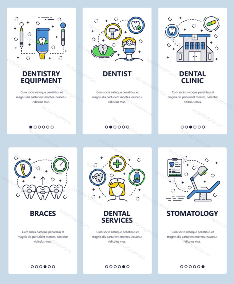 Vector set of mobile app onboarding screens. Dentistry equipment, Dentist, Dental clinic, Braces, Dental services, Stomatology web templates, banners. Thin line art flat icons for website menu.