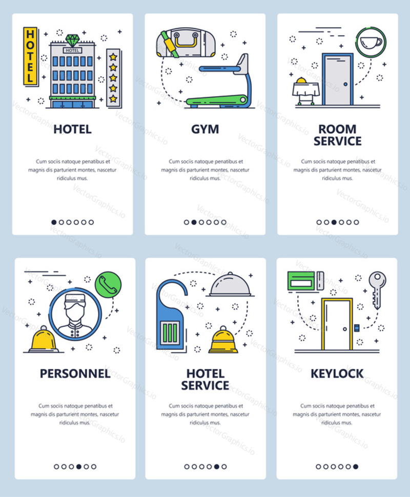 Vector set of mobile app onboarding screens. Hotel, Gym, Room service, Personnel, Hotel service, Keylock web templates, banners. Thin line art flat icons for website menu.