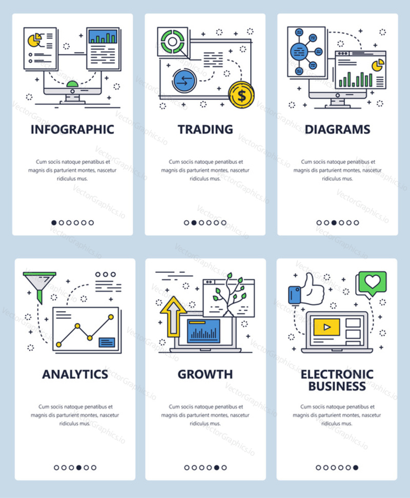 Vector set of mobile app onboarding screens. Infographic, Trading, Diagrams, Analytics, Growth, Electronic business web templates, banners. Thin line art flat icons for website menu.