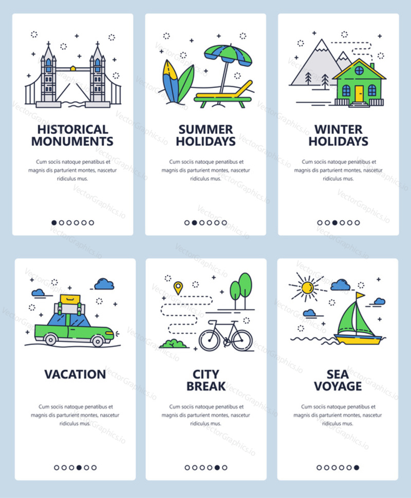 Vector set of mobile app onboarding screens. Historical monuments, Summer holidays, Winter holidays, Vacation, City break, Sea voyage web templates, banners. Thin line art flat icons for website menu.