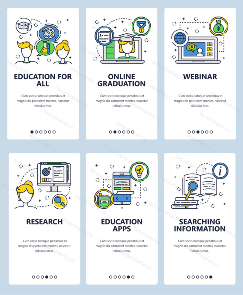 Vector set of mobile app onboarding screens. Education for all, Online graduation, Webinar, Research, Education apps, Searching information web templates banners. Thin line art flat icons for web menu