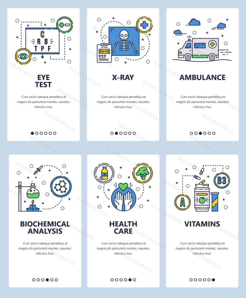 Vector set of mobile app onboarding screens. Eye test, X-ray, Ambulance, Biochemical analysis, Health care, Vitamins web templates, banners. Thin line art flat icons for website menu.