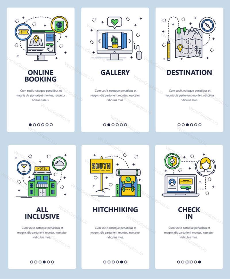 Vector set of mobile app onboarding screens. Online booking, Gallery, Destination, All inclusive, Hitchhiking, Check in web templates, banners. Thin line art flat icons for website menu.