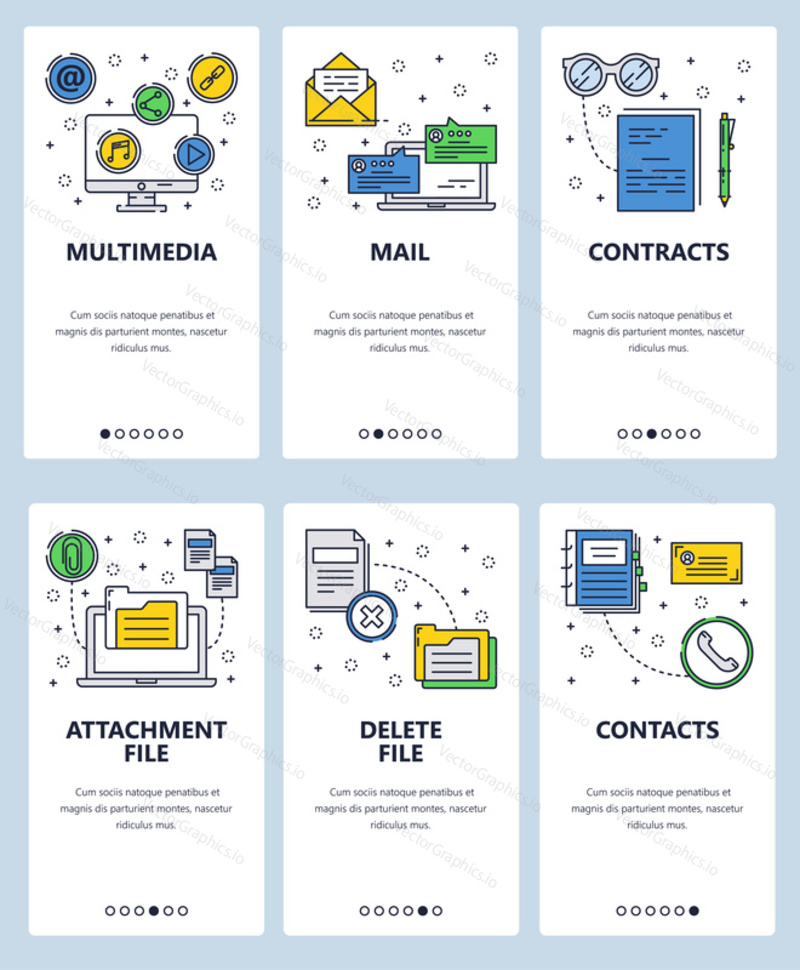 Vector set of mobile app onboarding screens. Multimedia, Mail, Contracts, Attachment file, Delete file, Contacts web templates and banners. Thin line art flat icons for website menu.