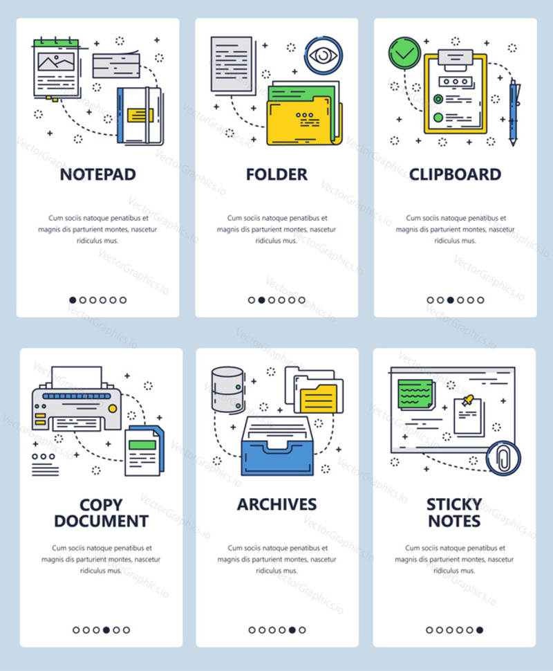 Vector set of mobile app onboarding screens. Notepad, Folder, Clipboard, Copy document, Archives, Sticky notes web templates and banners. Thin line art flat icons for website menu.