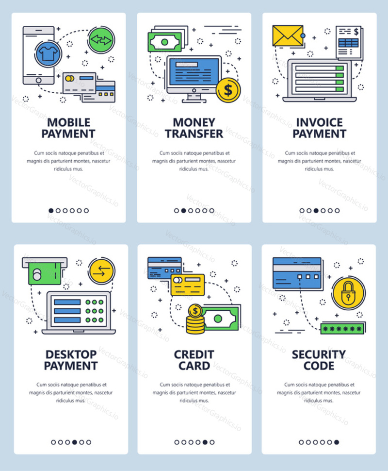 Vector set of mobile app onboarding screens. Mobile payment, Money transfer, Invoice and desktop payment, Credit card, Security code, web templates, banners. Thin line art flat icons for website menu.