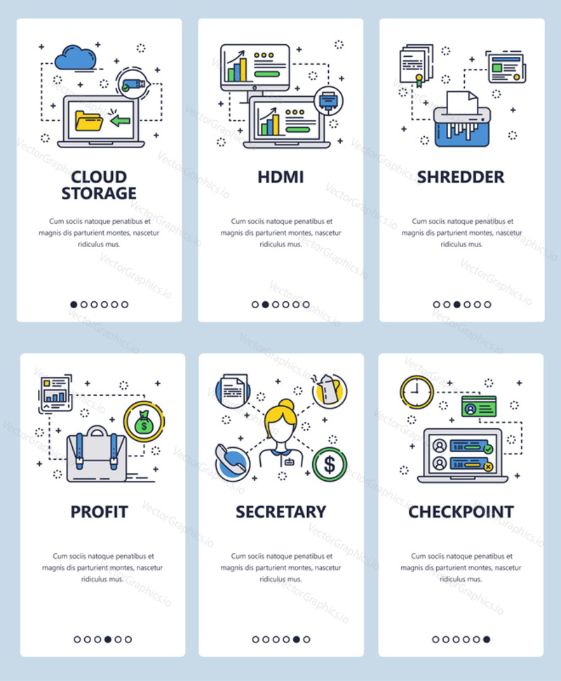 Vector set of mobile app onboarding screens. Cloud storage, HDMI, Shredder, Profit, Secretary, Checkpoint web templates, banners. Thin line art flat icons for website menu.