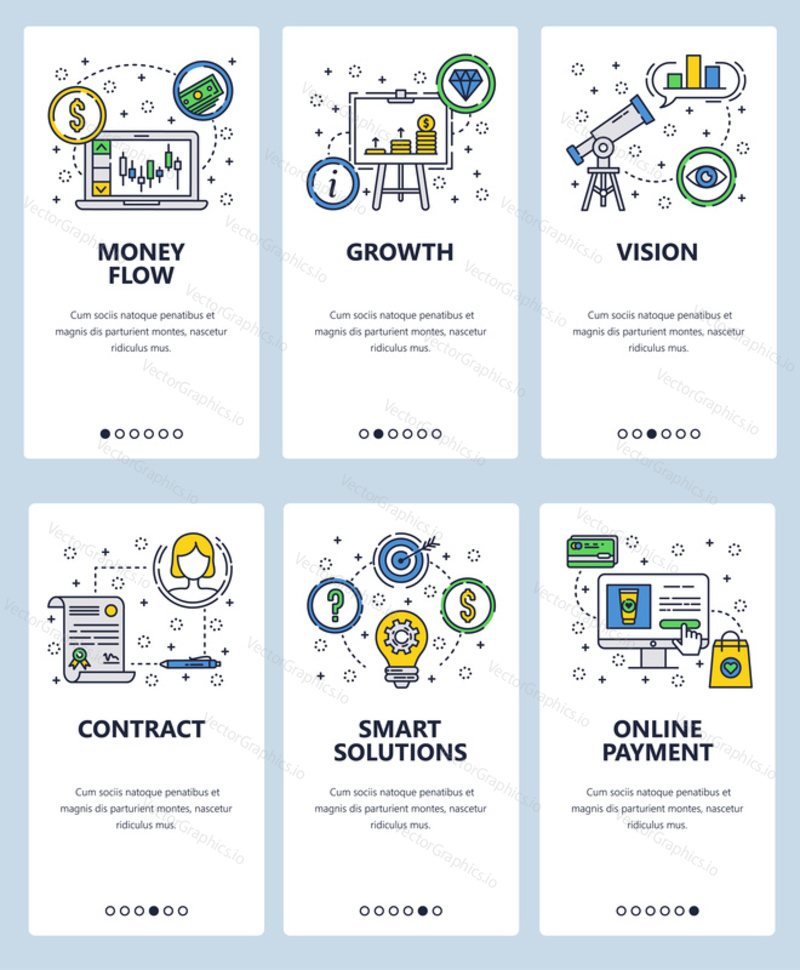 Vector set of mobile app onboarding screens. Money flow, Growth, Vision, Contract, Smart solutions, Online payment web templates, banners. Thin line art flat icons for website menu.