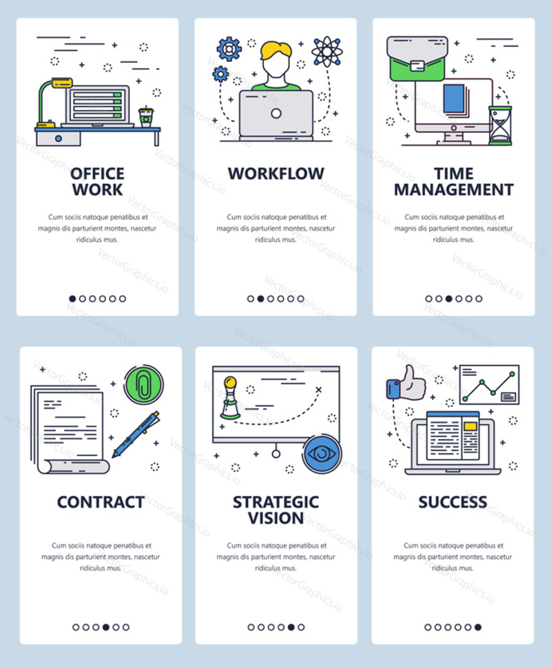 Vector set of mobile app onboarding screens. Office work, Workflow, Time management, Contract, Strategic vision, Success web templates, banners. Thin line art flat icons for website menu.