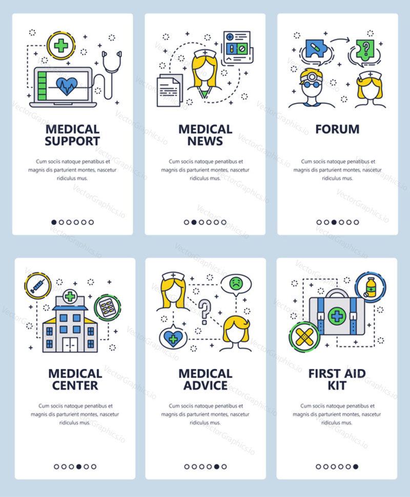 Vector set of medicine and healthcare mobile app onboarding screens. Medical support, news, center, advice, Forum, First aid kit web templates, banners. Thin line art flat icons for website menu.
