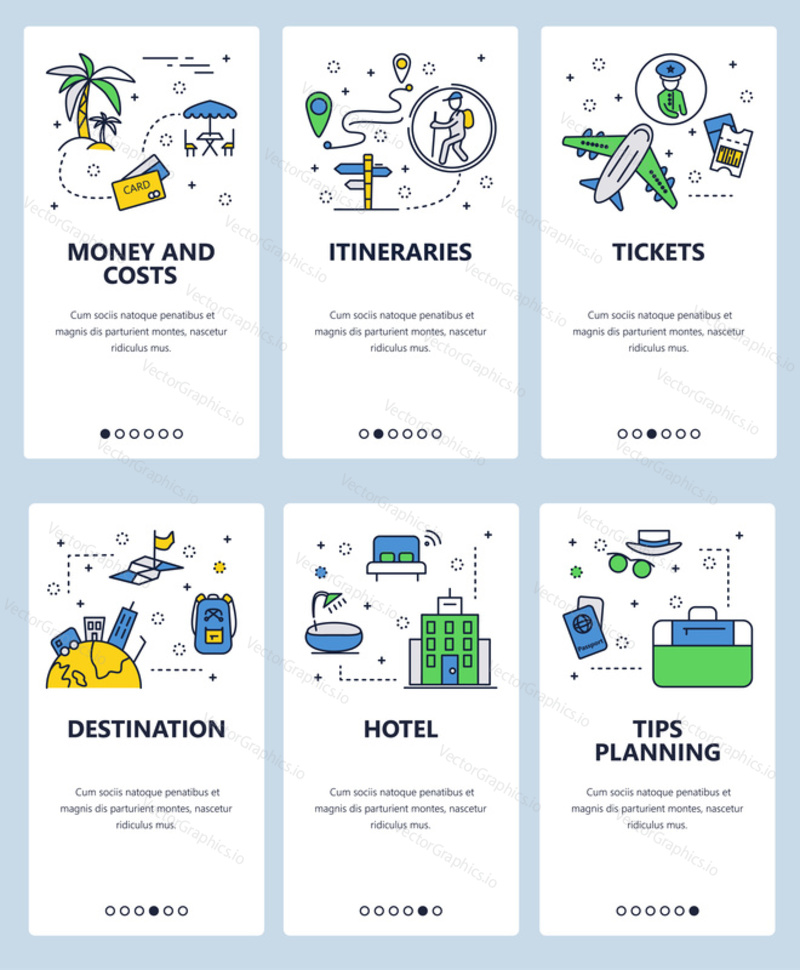 Vector set of mobile app onboarding screens. Money and costs, Itineraries, Tickets, Destination, Hotel, Tips planning web templates, banners. Thin line art flat icons for website menu.