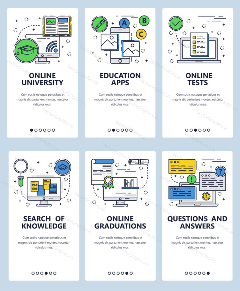 Vector set of mobile app onboarding screens. Online university, education apps, Online tests and graduations, Search of knowledge, Questions and answers web templates, banners. Thin line flat icons.