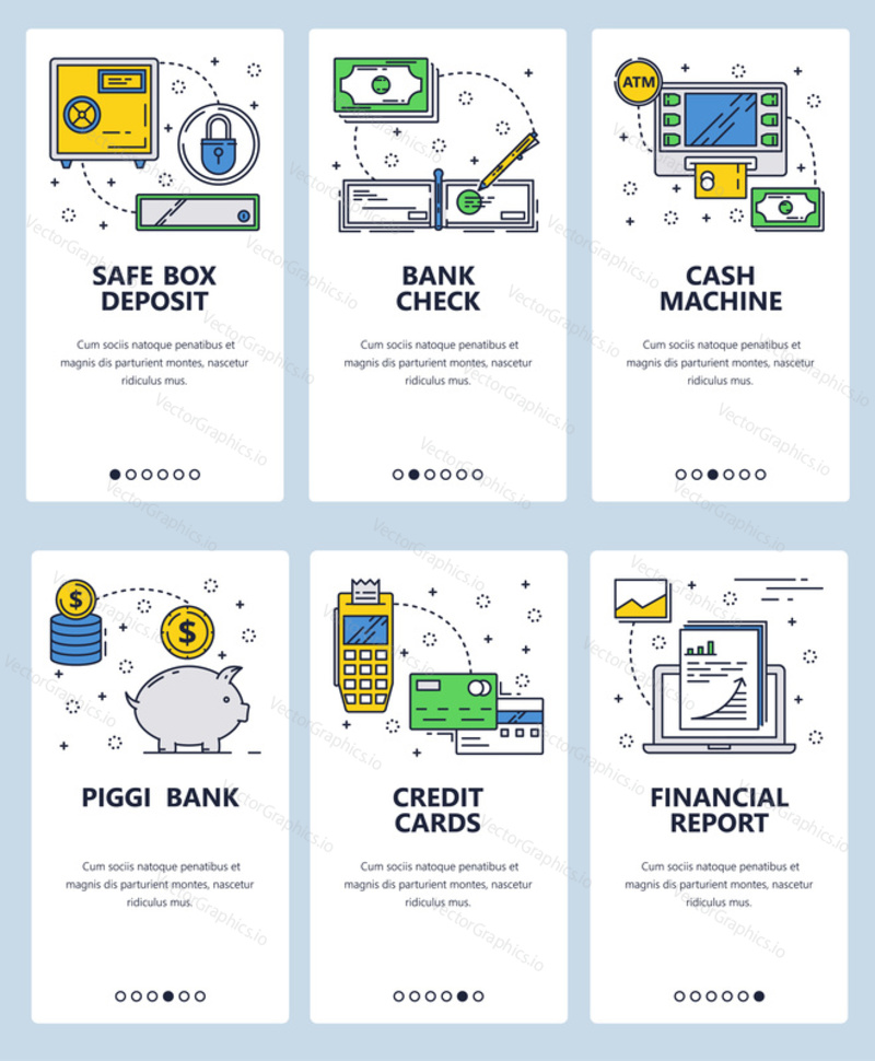 Vector set of mobile app onboarding screens. Safe box deposit, Bank check, Cash machine, Piggy bank, Credit cards, Financial report web templates, banners. Thin line art flat icons for website menu.