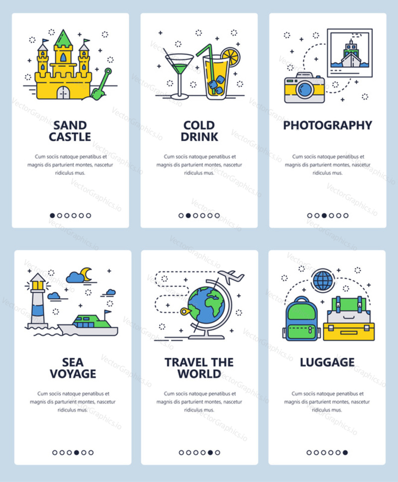 Vector set of mobile app onboarding screens. Sand castle, Cold drink, Photography, Sea voyage, Travel the world, Luggage web templates and banners. Thin line art flat icons for website menu.