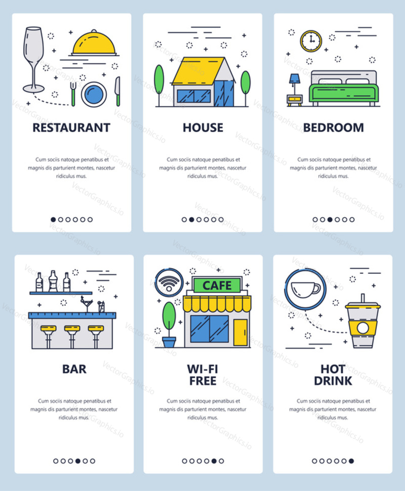 Vector set of mobile app onboarding screens. Restaurant, House, Bedroom, Bar, Wi-fi free, Hot drink web templates and banners. Thin line art flat icons for website menu.