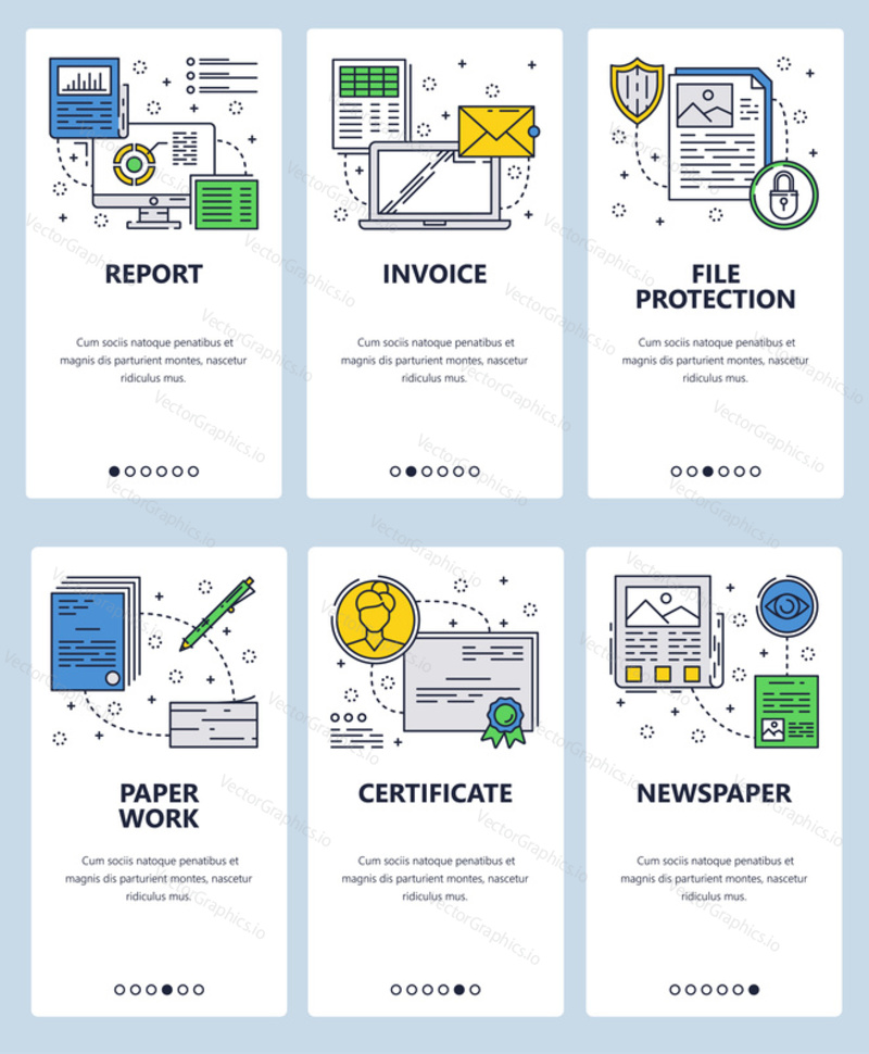 Vector set of mobile app onboarding screens. Report, Invoice, File protection, Paper work, Certificate, Newspaper web templates and banners. Thin line art flat icons for website menu.
