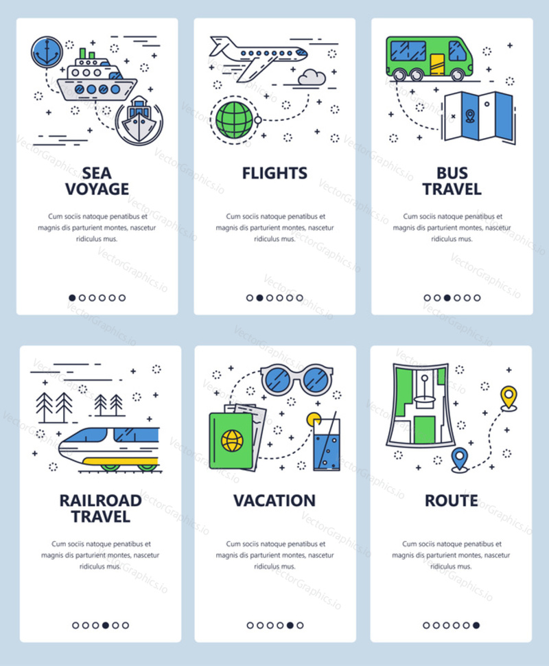 Vector set of mobile app onboarding screens. Sea voyage, Flights, Bus and railroad travels, Vacation, Route web templates and banners. Thin line art flat icons for website menu.