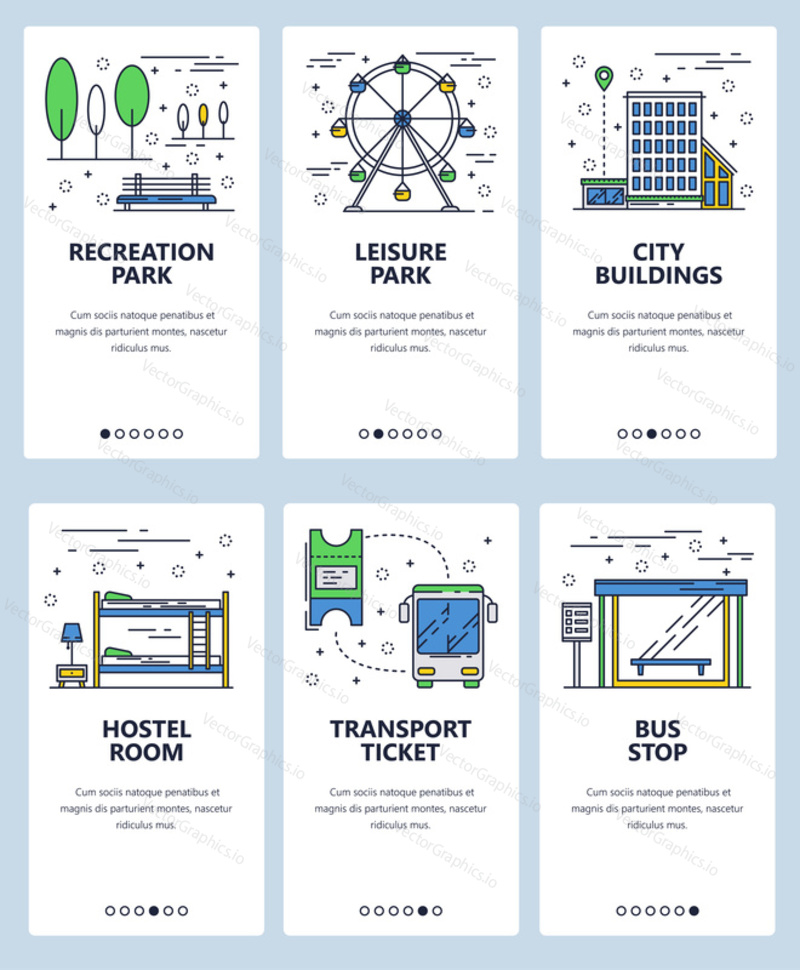 Vector set of mobile app onboarding screens. Recreation and leisure parks, City buildings, Hostel room, Transport ticket, Bus stop web templates and banners. Thin line art flat icons for website menu.