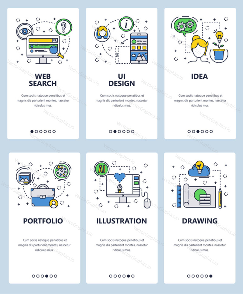 Vector set of mobile app onboarding screens. Web search, Ui design, Idea, Portfolio, Illustration, Drawing web templates and banners. Thin line art flat icons for website menu.