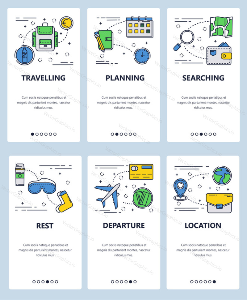 Vector set of mobile app onboarding screens. Travelling, Planning, Searching, Rest, Departure, Location web templates and banners. Thin line art flat icons for website menu.