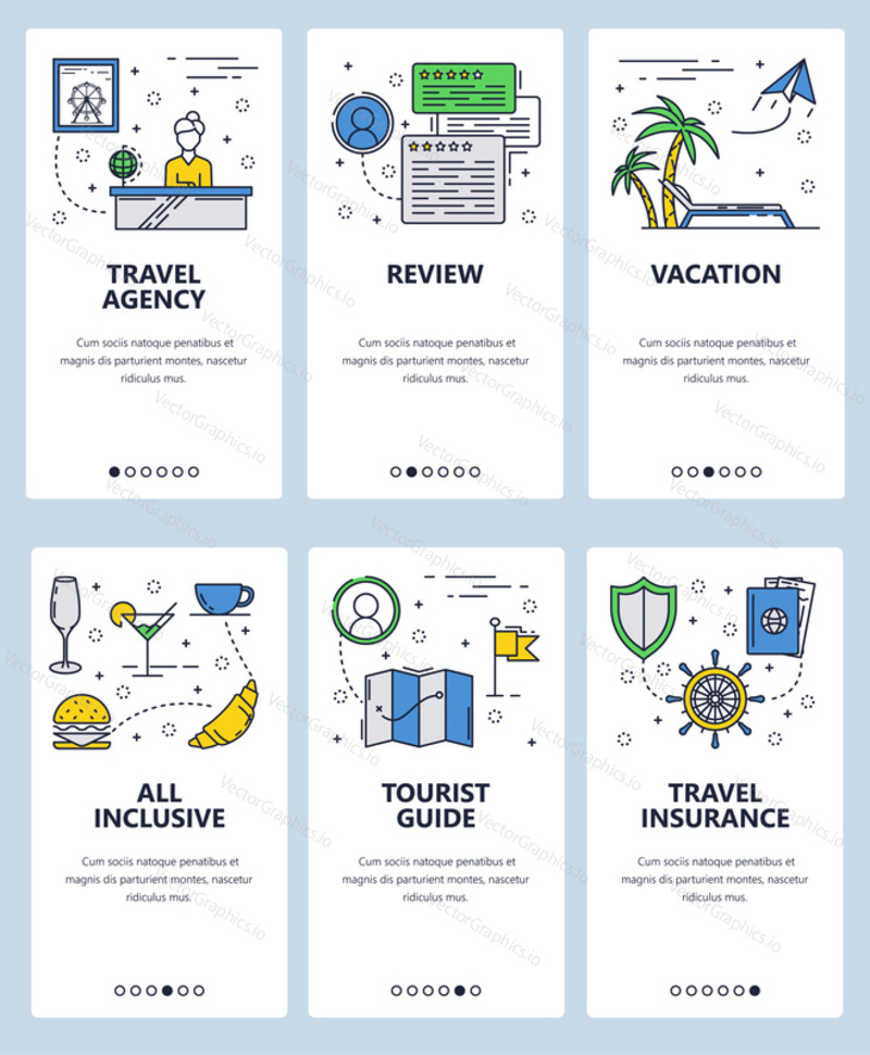 Vector set of mobile app onboarding screens. Travel agency, Review, Vacation, All inclusive, Tourist guide, Travel insurance web templates and banners. Thin line art flat icons for website menu.