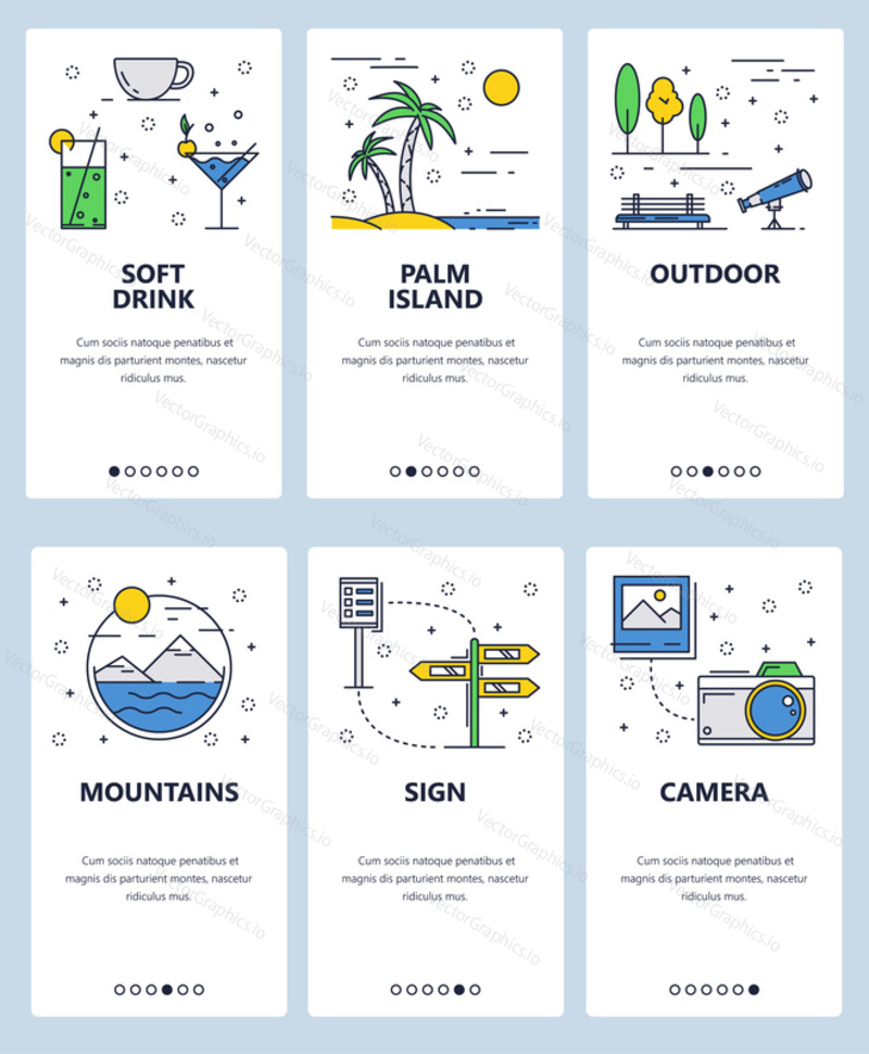Vector set of mobile app onboarding screens. Soft drink, Palm island, Outdoor, Mountains, Sign, Camera web templates and banners. Thin line art flat icons for website menu.