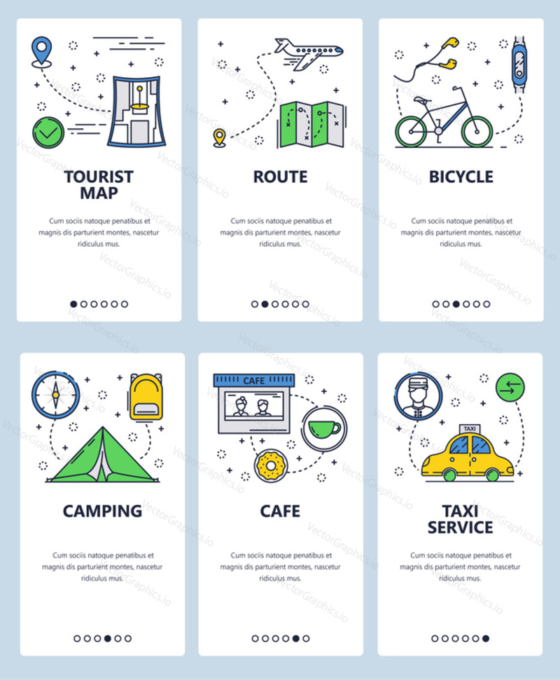 Vector set of mobile app onboarding screens. Tourist map, Route, Bicycle, Camping, Cafe, Taxi service web templates and banners. Thin line art flat icons for website menu.