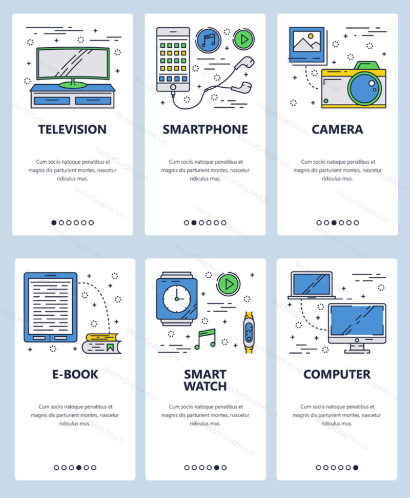 Vector set of mobile app onboarding screens. Television, Smartphone, Camera, E-book, Smart watch, Computer web templates and banners. Thin line art flat icons for website menu.
