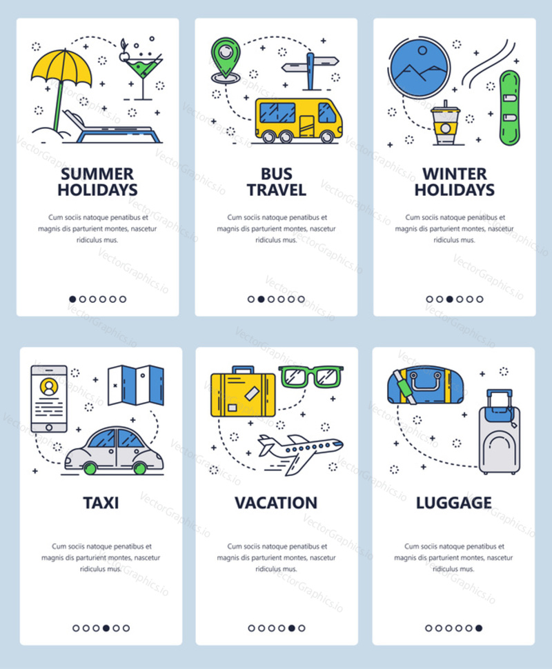 Vector set of mobile app onboarding screens. Summer holidays, Bus travel, Winter holidays, Taxi, Vacation, Luggage web templates and banners. Thin line art flat icons for website menu.