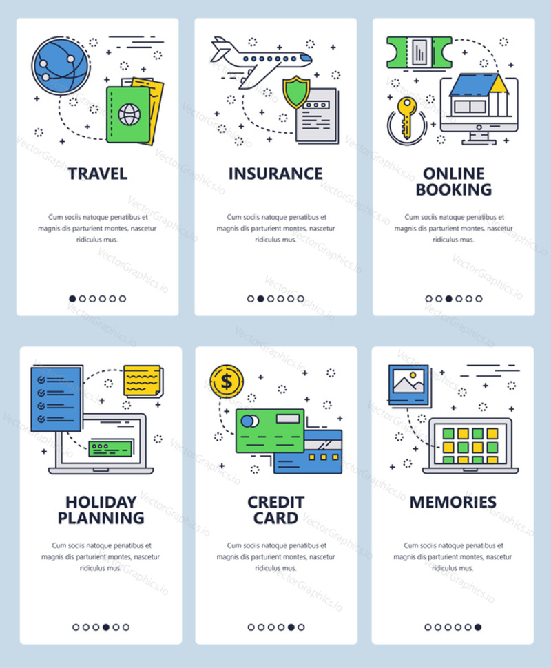 Vector set of mobile app onboarding screens. Travel, Insurance, Online booking, Holiday planning, Credit card, Memories web templates and banners. Thin line art flat icons for website menu.