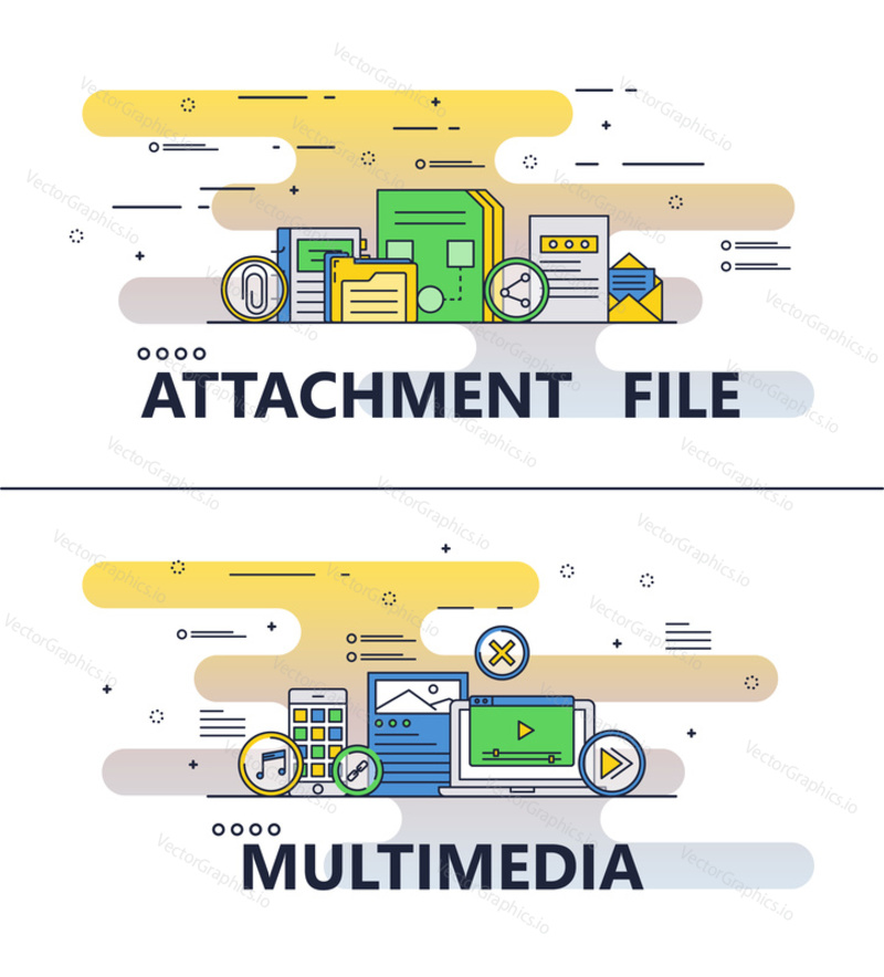 File attachment and multimedia template set. Vector modern thin line art flat style design elements for website banners and printed materials.