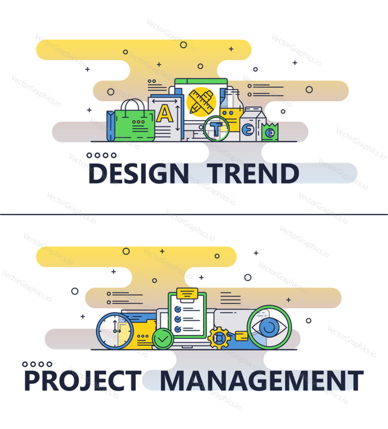 Design trend and project management template set. Vector thin line art flat style design elements, icons for website banners and printed materials.
