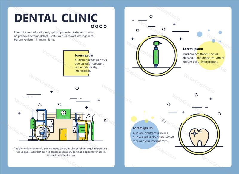 Dental clinic web banner, poster, flyer, leaflet, brochure template. Vector modern thin line art flat style design illustration.