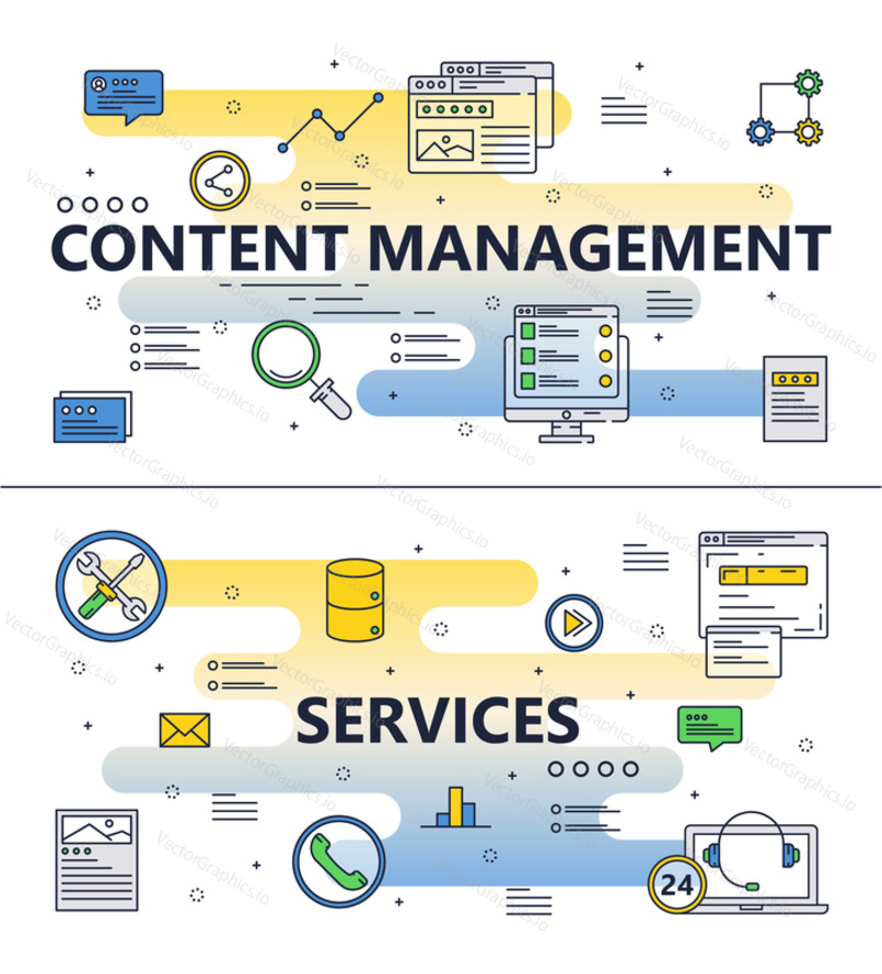 Content management and services template set. Vector thin line art flat style design elements, icons for website banners and printed materials.