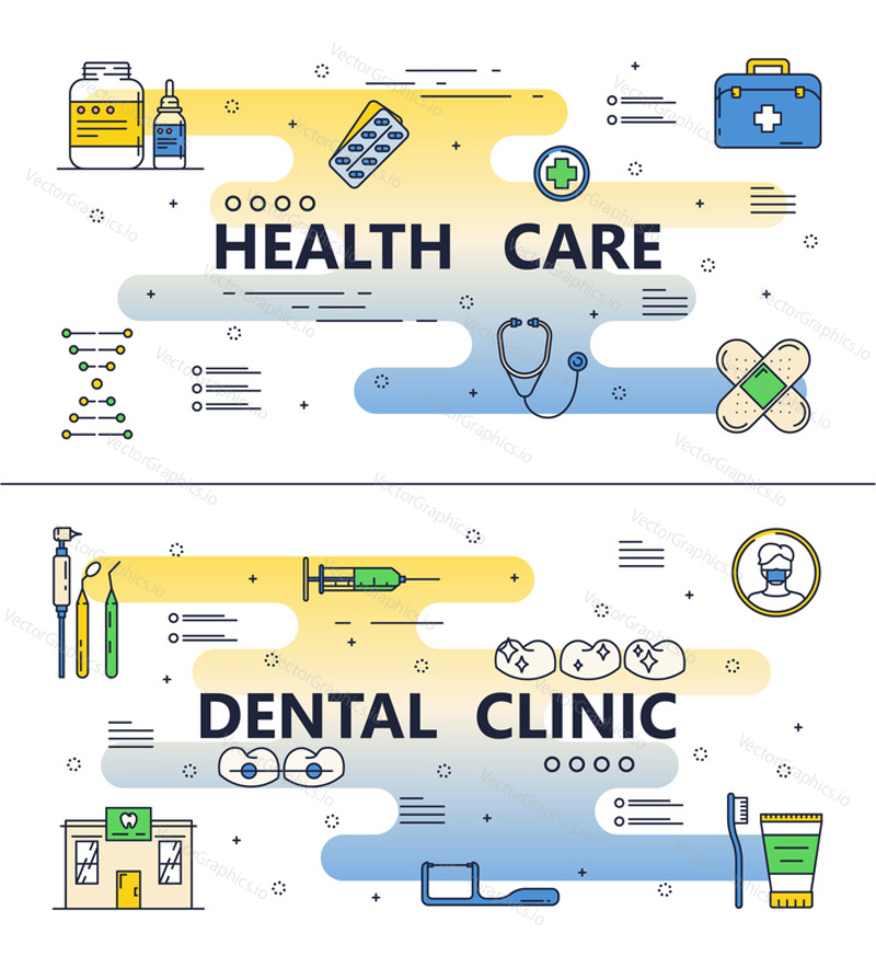 Healthcare and dental clinic template set. Vector modern thin line art flat style design elements with medical symbols, icons for website banners and printed materials.