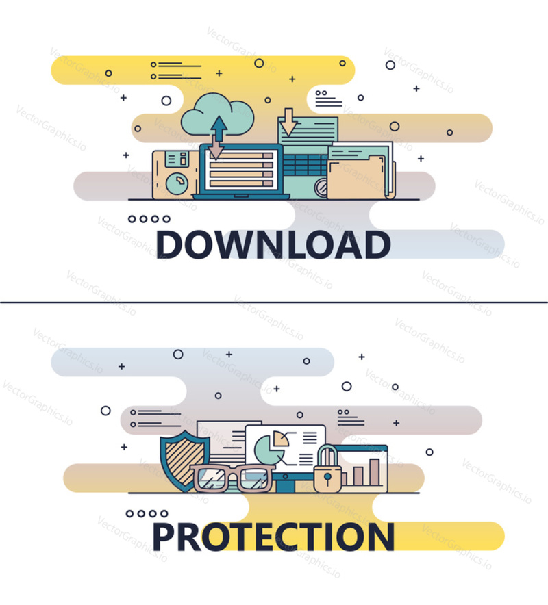 Download and protection template set. Vector thin line art flat style design elements, icons for website banners and printed materials.