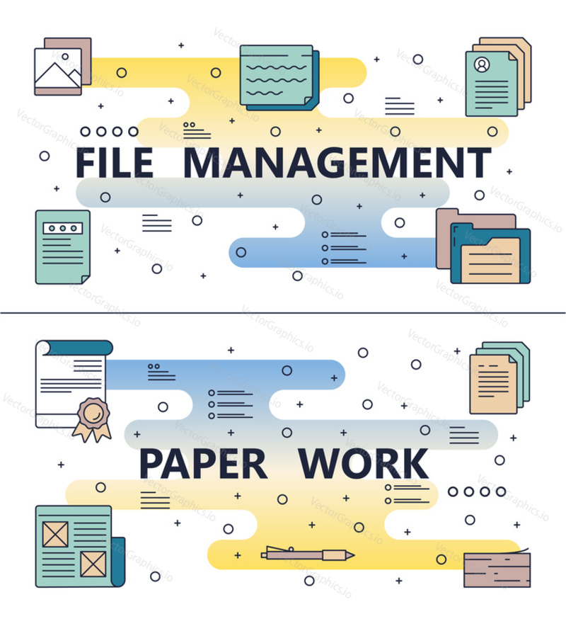 File management and paperwork template set. Vector modern thin line art flat style design elements for website banners and printed materials.