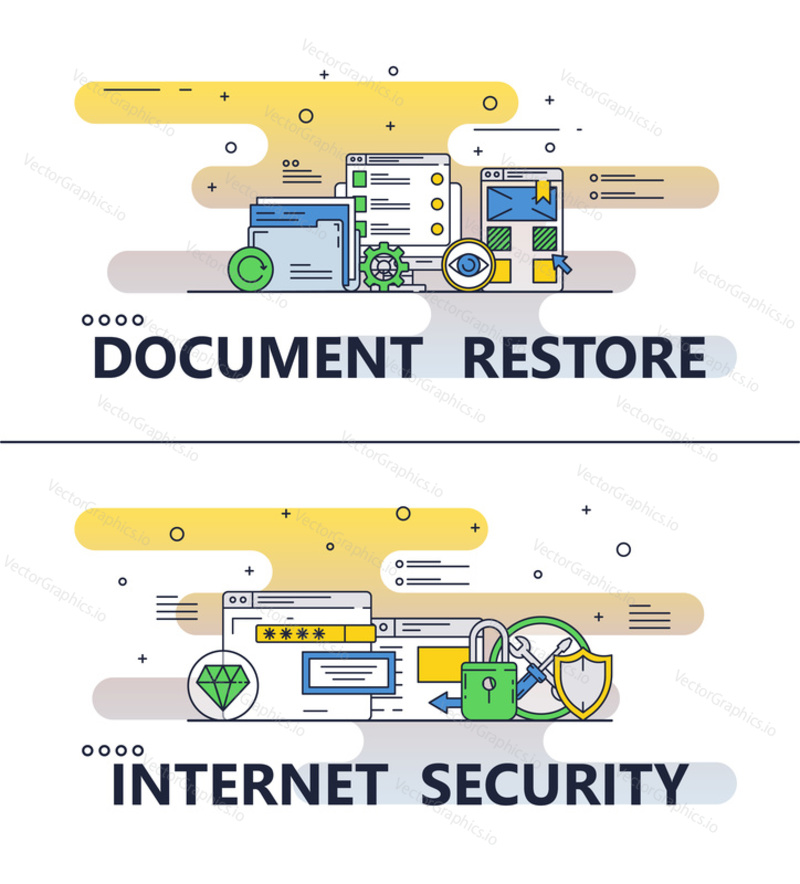Document restore and internet security template set. Vector thin line art flat style design elements, icons for website banners and printed materials.