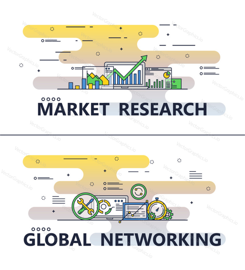 Market research and Global networking template set. Vector thin line art flat style design elements, icons for website banners and printed materials.