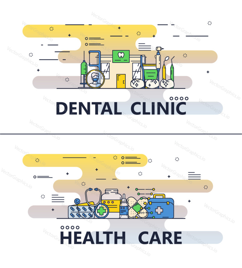 Dental clinic and healthcare template set. Vector modern thin line art flat style design elements with medical symbols, icons for website banners and printed materials.