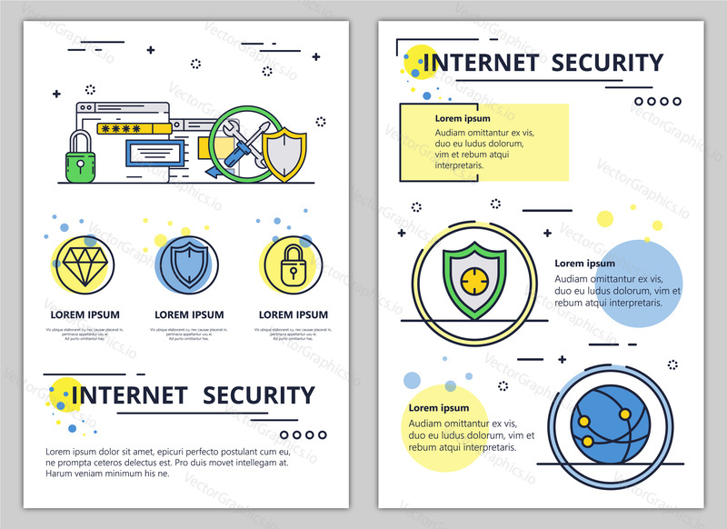 Internet security web banner, poster, flyer, leaflet, brochure template. Vector modern thin line art flat style design illustration.